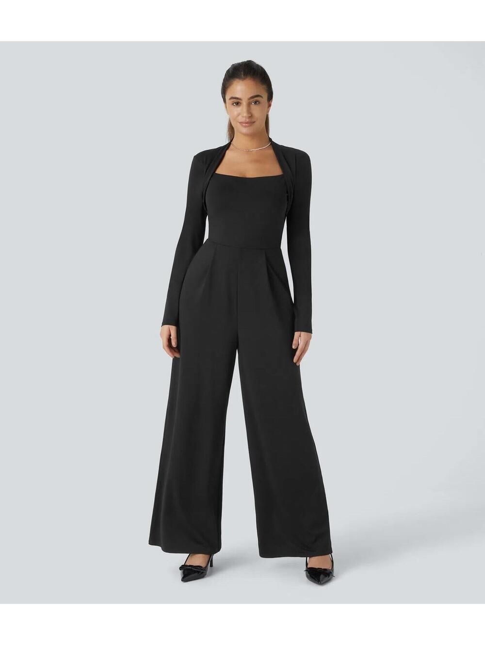 NWT Halara Long Sleeve Wide Leg Black Jumpsuit Size Large
